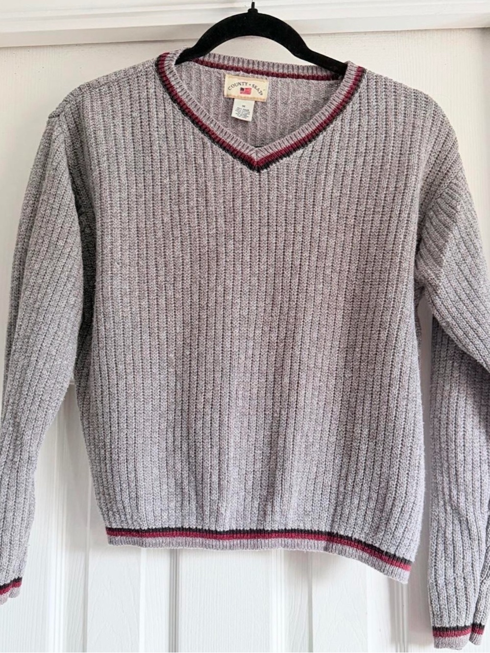 County Seat Gray V-Neck Sweater with Contrast Stripe